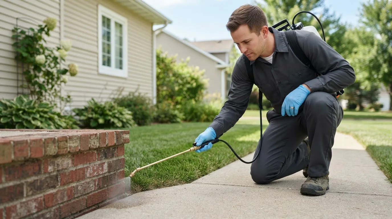 Pest control technician treating a home near Plymouth, IL