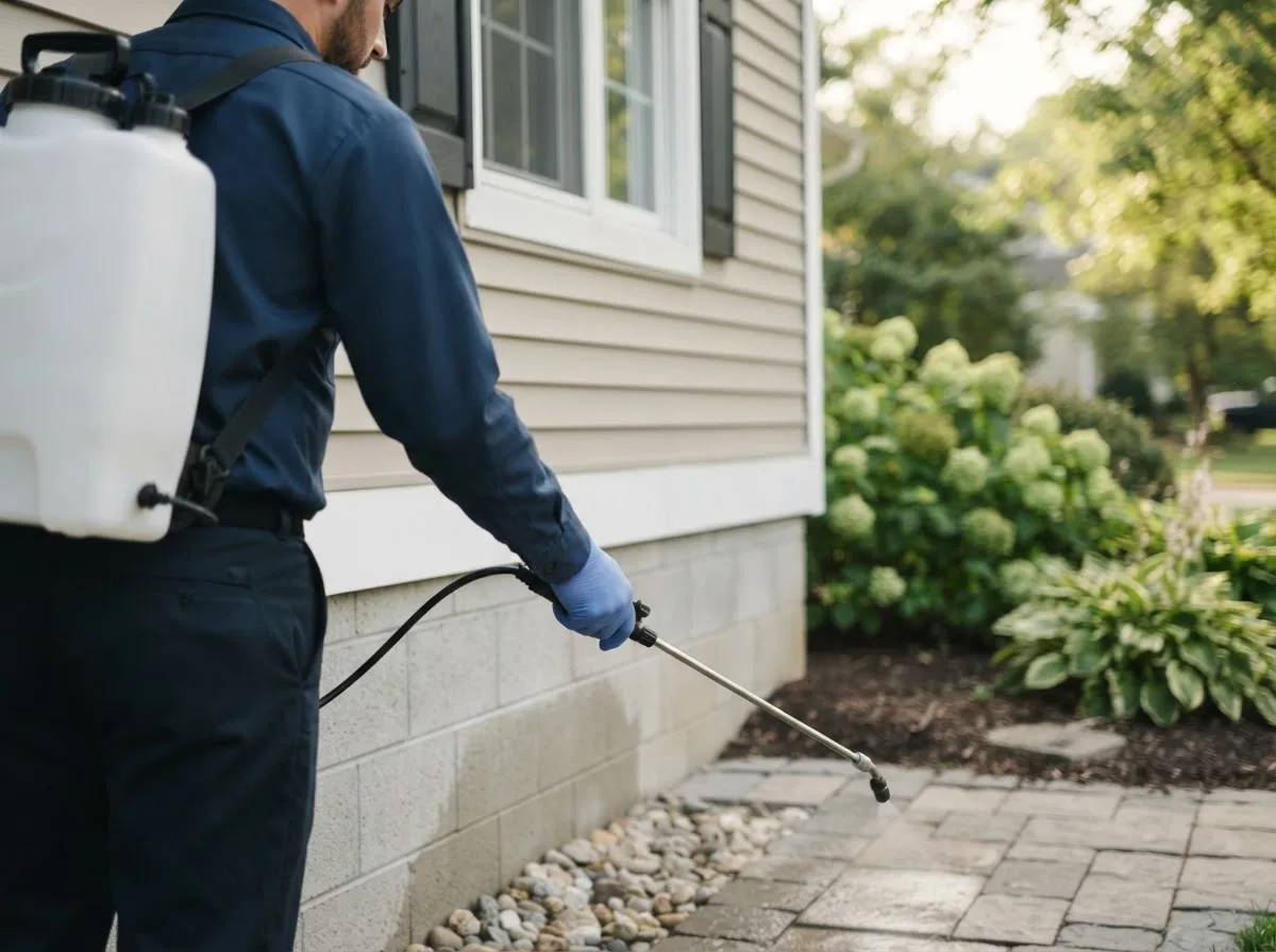 Pest control technician inspecting a home in Plymouth, IL